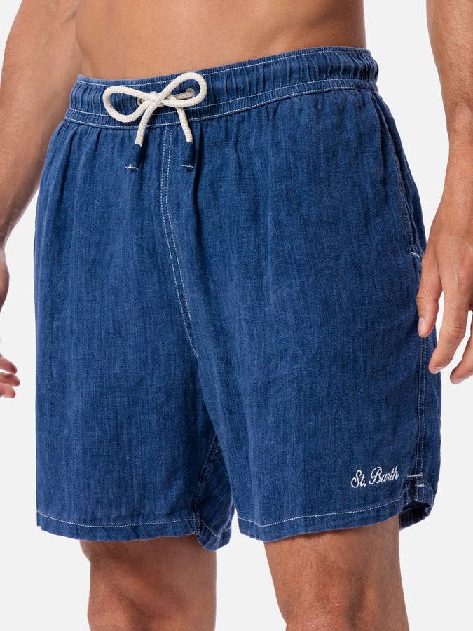 Mc2 Saint Barth Costume da bagno uomo lunghezza media in lino blu denim Gustavia Offerte esclusive