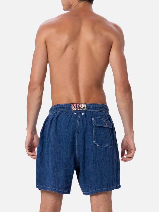 Mc2 Saint Barth Costume da bagno uomo lunghezza media in lino blu denim Gustavia Offerte esclusive