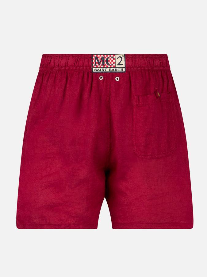 Mc2 Saint Barth Costume da bagno in lino di media lunghezza bordeaux tinta unita Grandi sconti