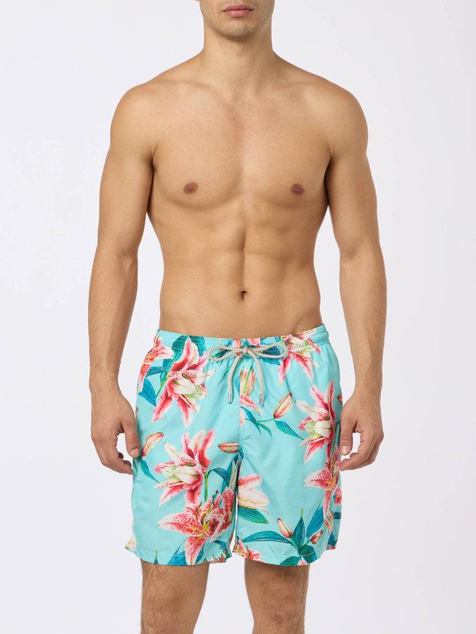 Mc2 Saint Barth Man lightweight fabric swim-shorts Lighting with tropical flowers print In vendita