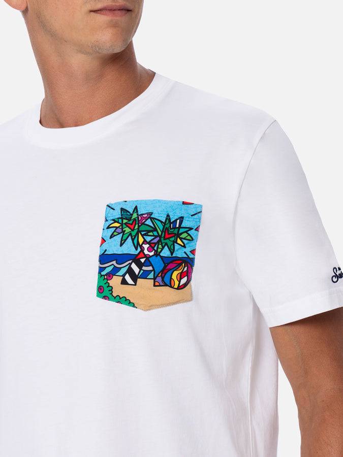 Mc2 Saint Barth T-shirt da uomo in cotone Blanche con taschino stampato Britto | EDIZIONE SPECIALE BRITTO 2025