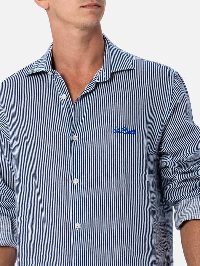 Mc2 Saint Barth Camicia da uomo in lino rigato blu navy Pamplona Shopping Online
