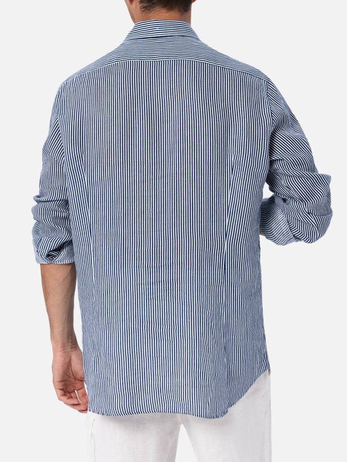 Mc2 Saint Barth Camicia da uomo in lino rigato blu navy Pamplona Shopping Online