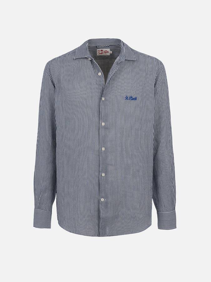 Mc2 Saint Barth Camicia da uomo in lino rigato blu navy Pamplona Shopping Online