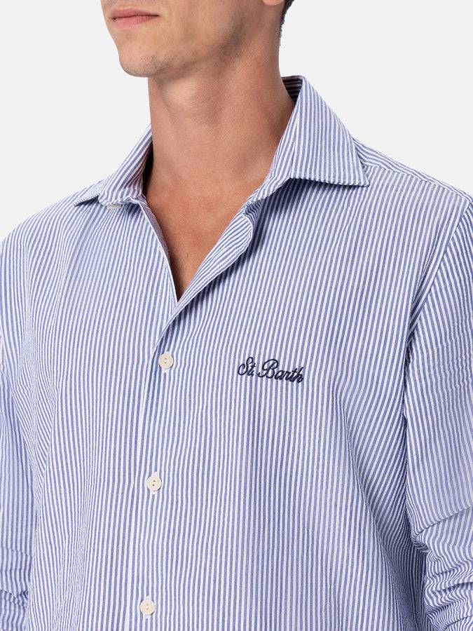 Mc2 Saint Barth Camicia da uomo Pamplona in cotone seersucker con righe bluette Online