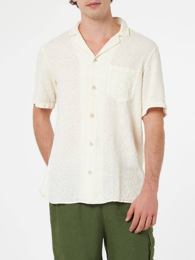 Mc2 Saint Barth Camicia da uomo in lino Kalea con ricamo fiori Outlet