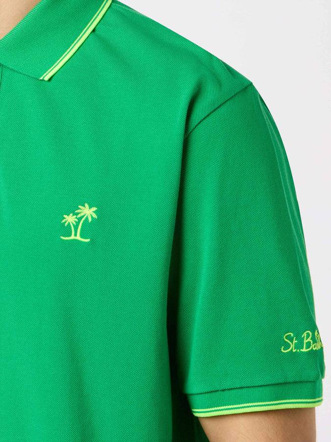 Mc2 Saint Barth Man green cotton piquet polo shirt Beverly Hills with palm embroidery Offerte