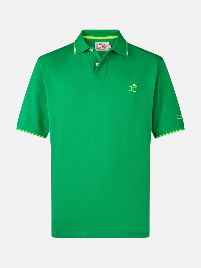 Mc2 Saint Barth Man green cotton piquet polo shirt Beverly Hills with palm embroidery Offerte