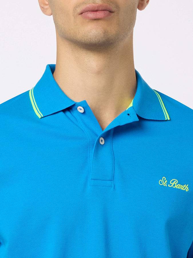 Mc2 Saint Barth Man bluette cotton piquet polo shirt Beverly Hills with palm embroidery Hotsell