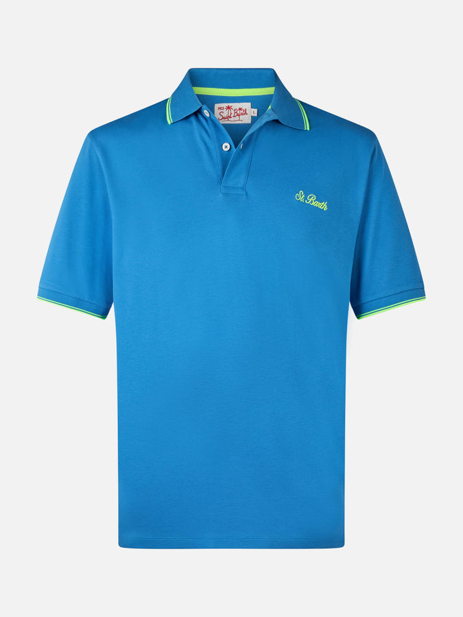 Mc2 Saint Barth Man bluette cotton piquet polo shirt Beverly Hills with palm embroidery Hotsell