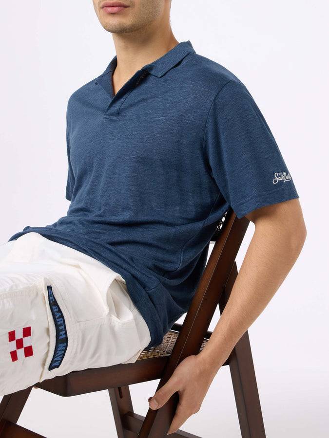 Mc2 Saint Barth Polo da uomo in lino blu navy Fraser Moda