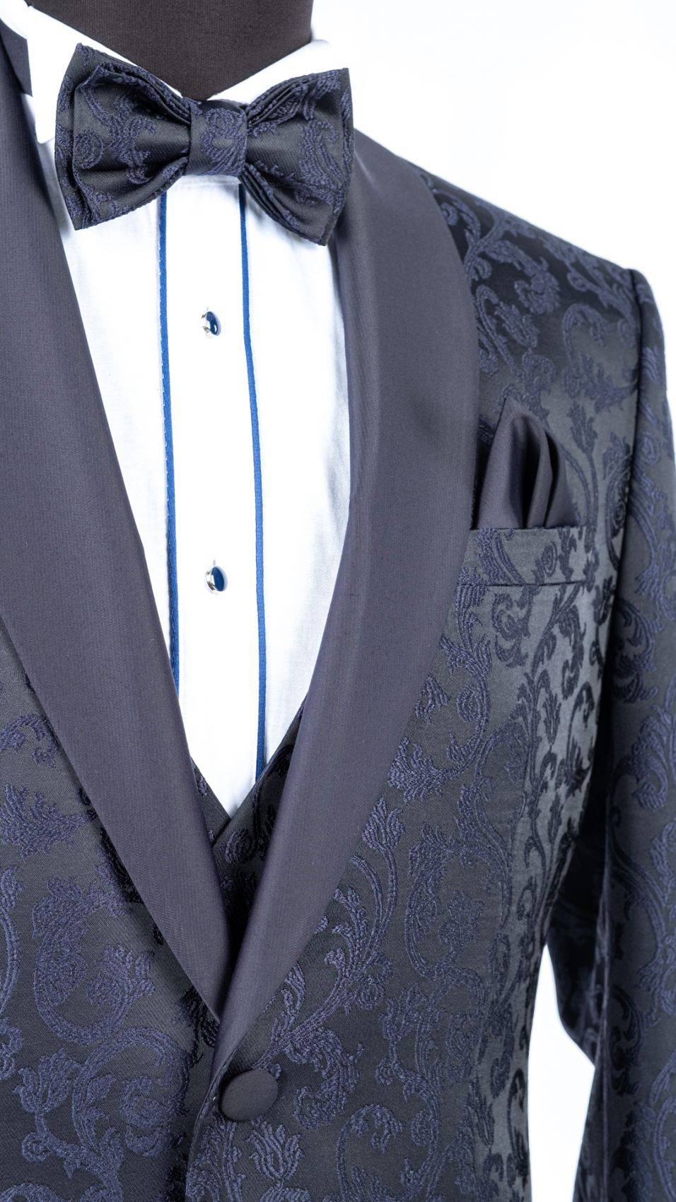 Baggi Smoking blu damascato da sposo con collo a scialle Negozi Online
