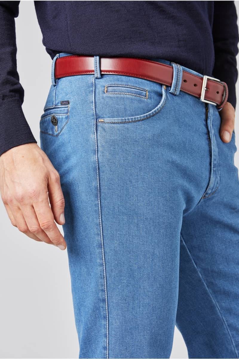 Meyer Cinque tasche in denim flex meyer blu medio stone modern fit Affare Del Giorno