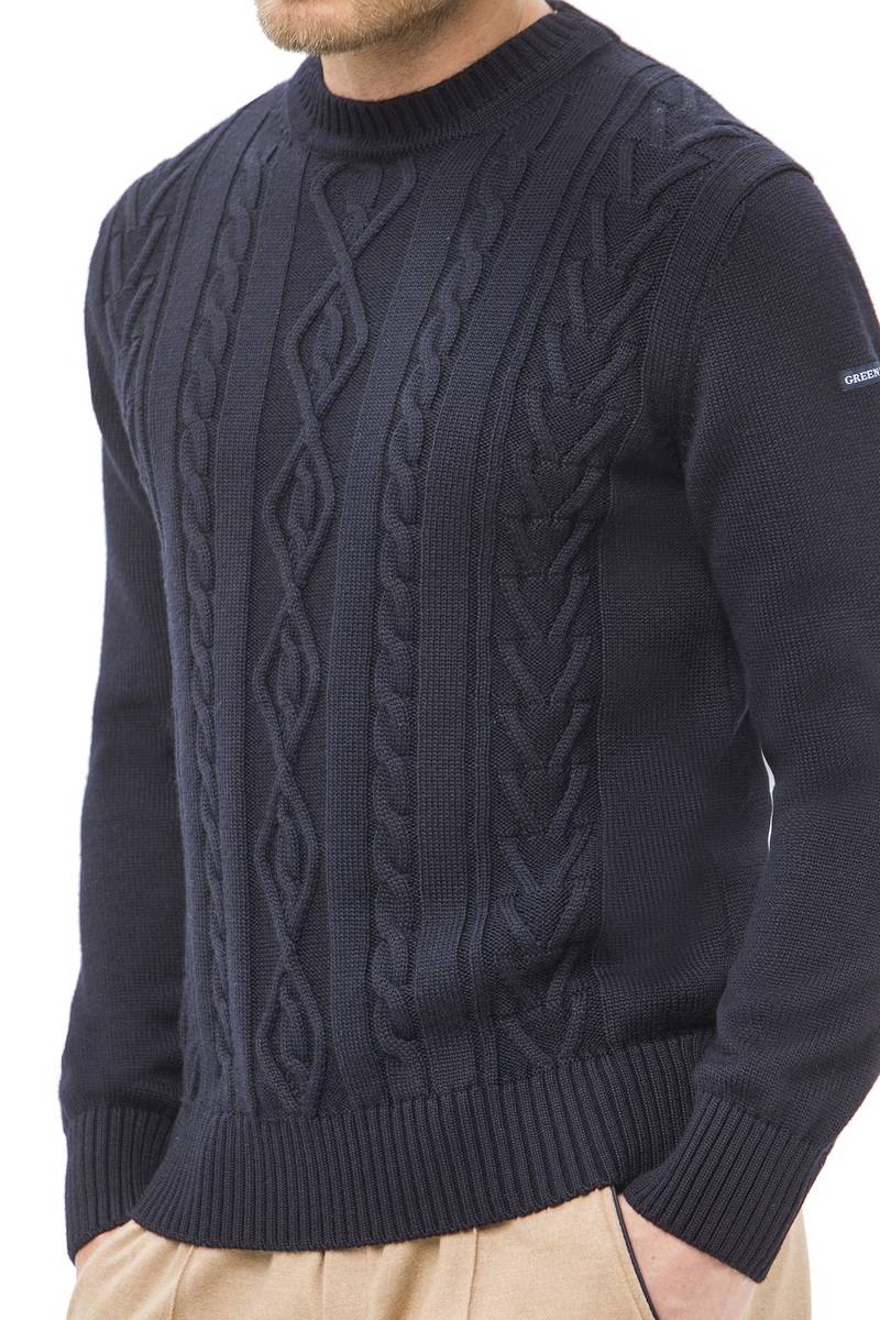 Green Coast Maglione girocollo blu a trecce green coast modern fit Economico