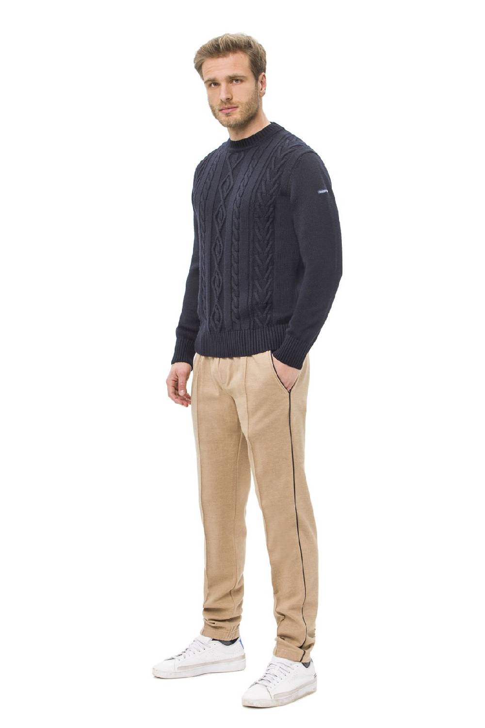 Green Coast Maglione girocollo blu a trecce green coast modern fit Economico