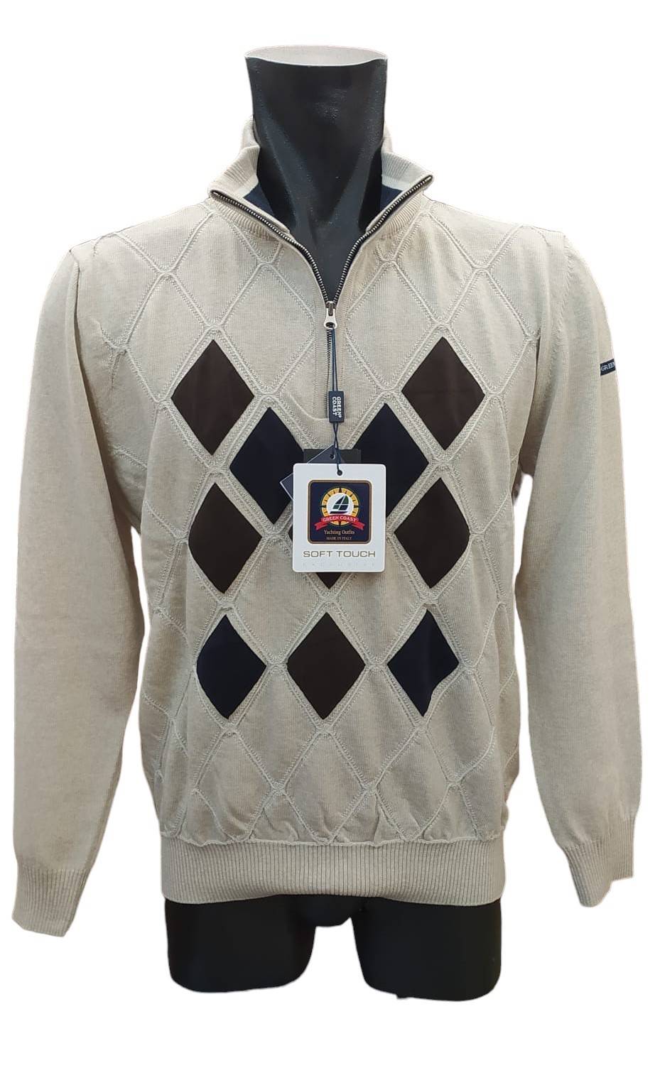 Green Coast Maglia a lupetto con zip a rombi in lana merinos zegna baruffa Online