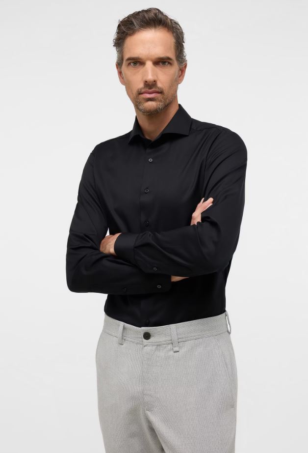 Eterna Camicia nera eterna slim fit collo francese cotone cover Spedizione Gratuita