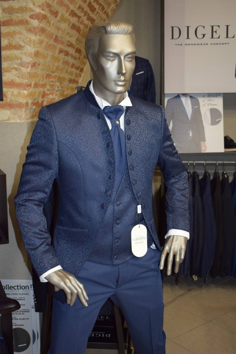 Musani Milano Cerimonia Abito musani blu damascato slim fit Sconto