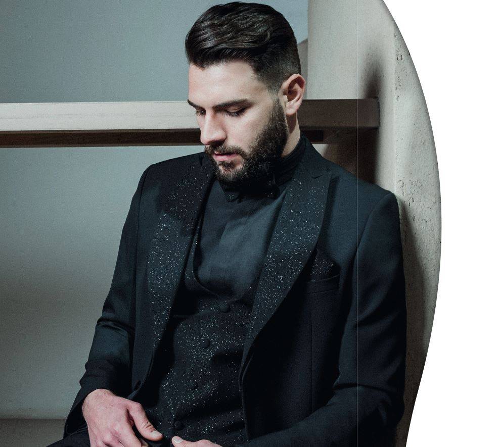 Musani Milano Cerimonia Smoking nero slim fit musani con petto a lancia brillantinato Online