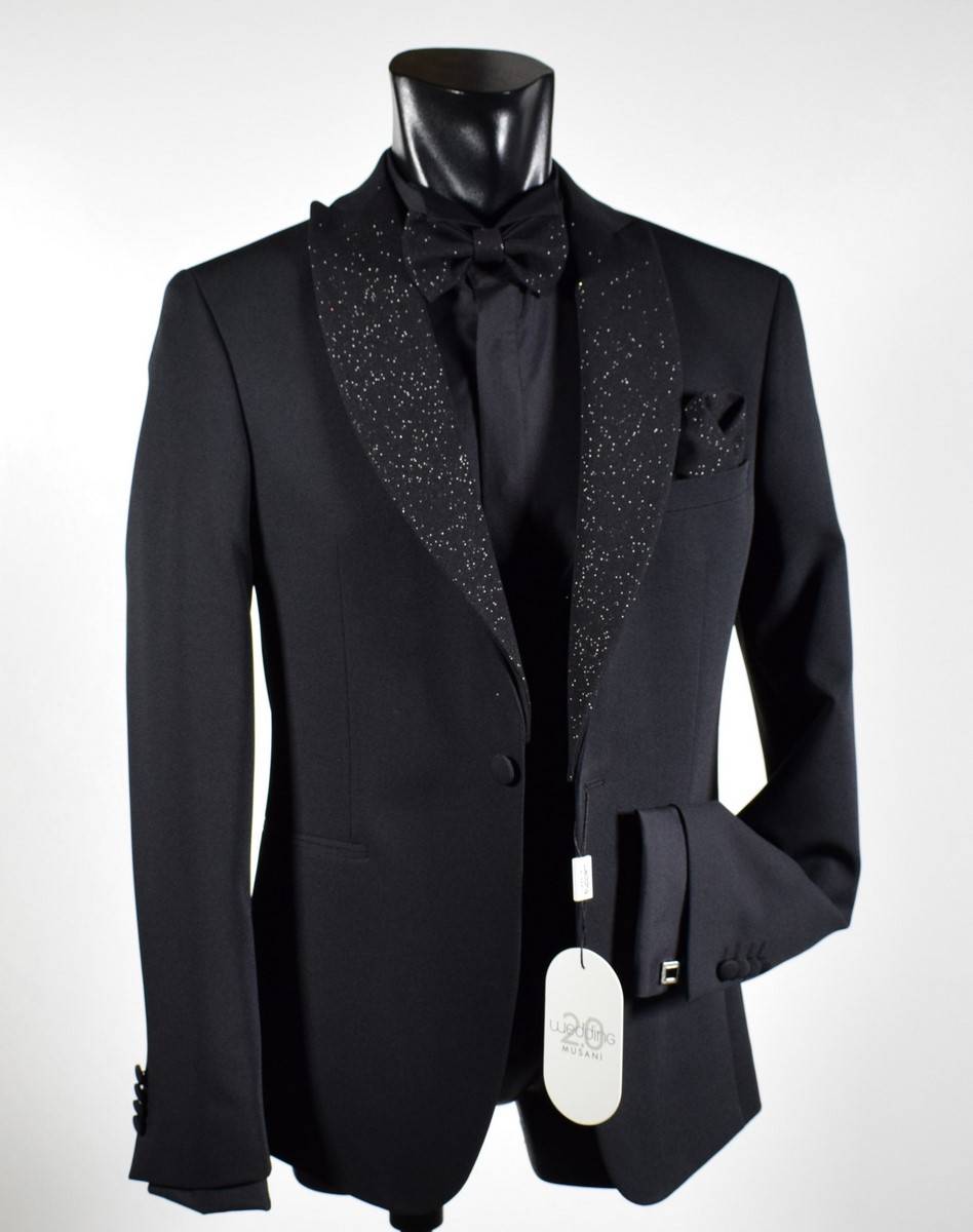 Musani Milano Cerimonia Smoking nero slim fit musani con petto a lancia brillantinato Online