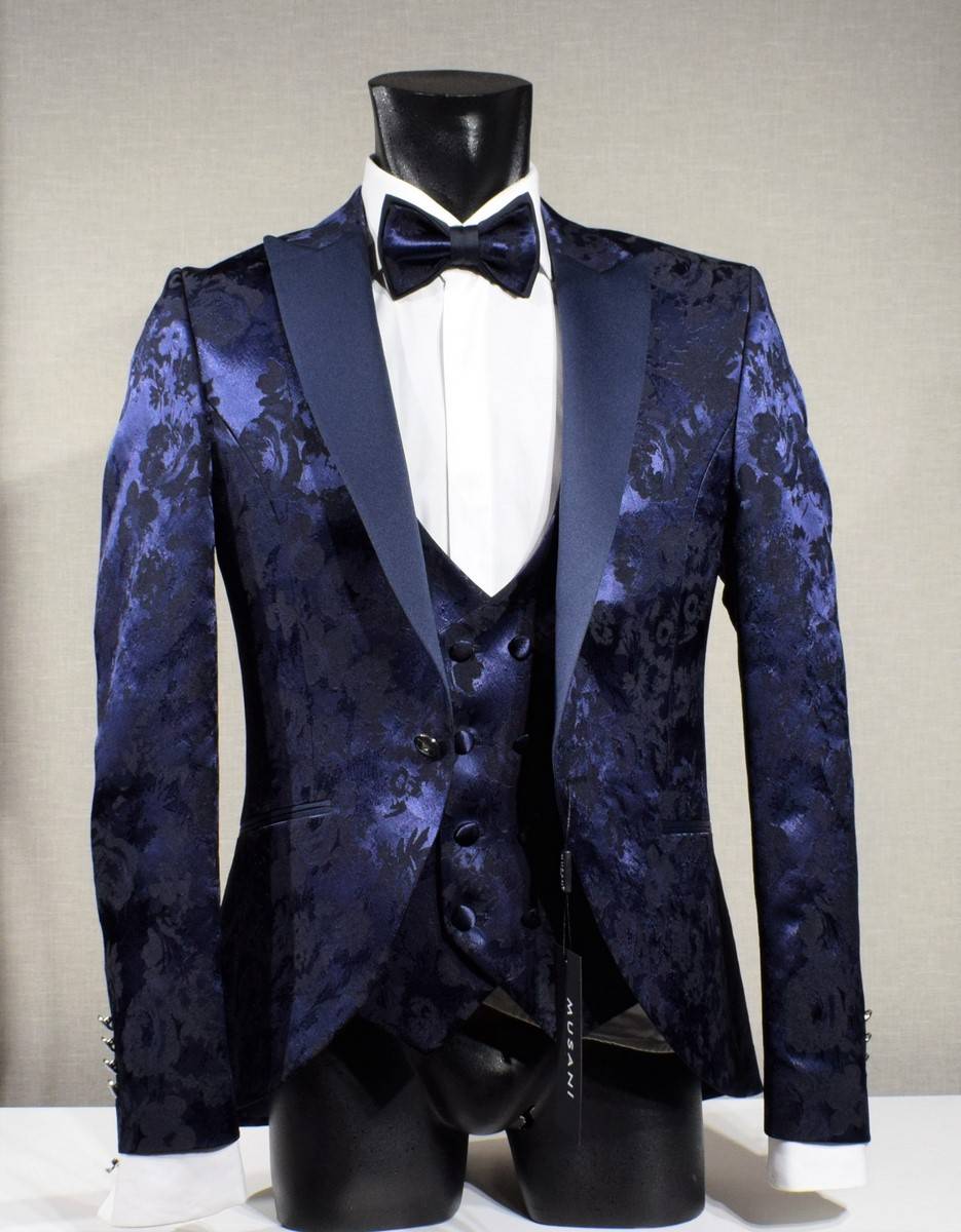 Musani Milano Cerimonia Abito blu damascato musani cerimonia sposo slim fit Vendita Calda