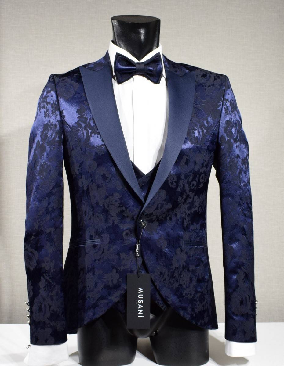Musani Milano Cerimonia Abito blu damascato musani cerimonia sposo slim fit Vendita Calda