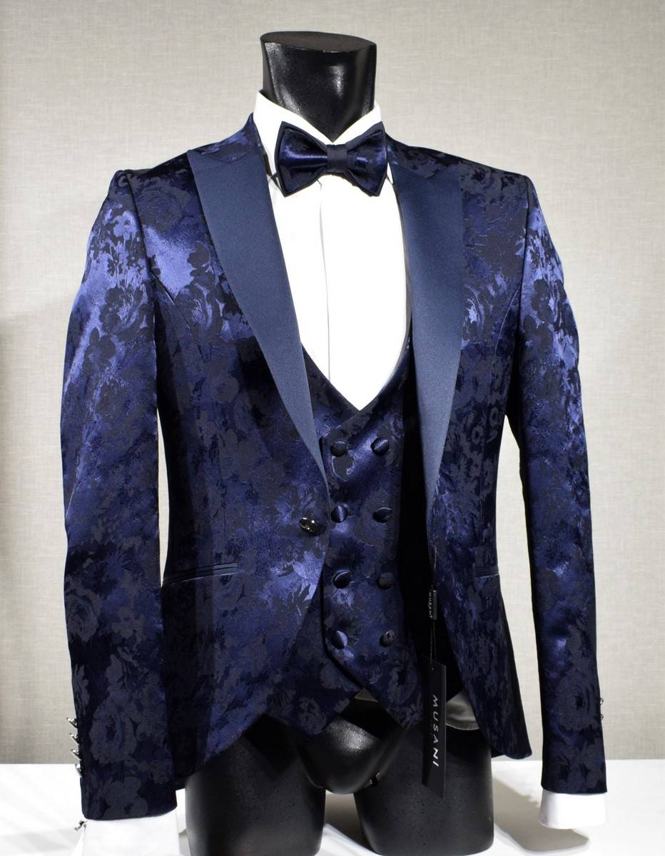 Musani Milano Cerimonia Abito blu damascato musani cerimonia sposo slim fit Vendita Calda