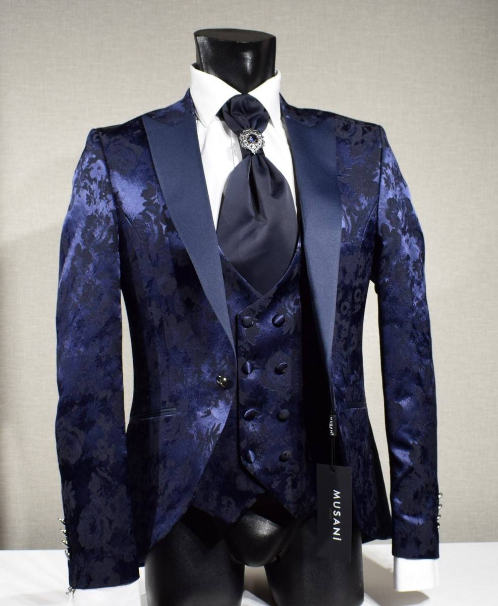 Musani Milano Cerimonia Abito blu damascato musani cerimonia sposo slim fit Vendita Calda