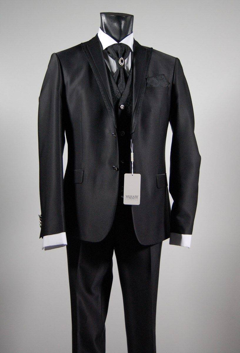 Musani Milano Cerimonia Abito da sposo nero slim fit completo di gilet cravatta e camicia musani milano Pezzi Unici