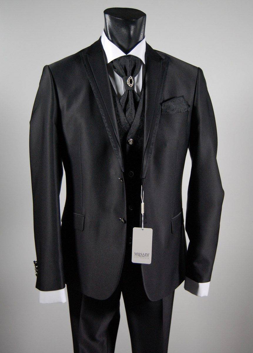 Musani Milano Cerimonia Abito da sposo nero slim fit completo di gilet cravatta e camicia musani milano Pezzi Unici