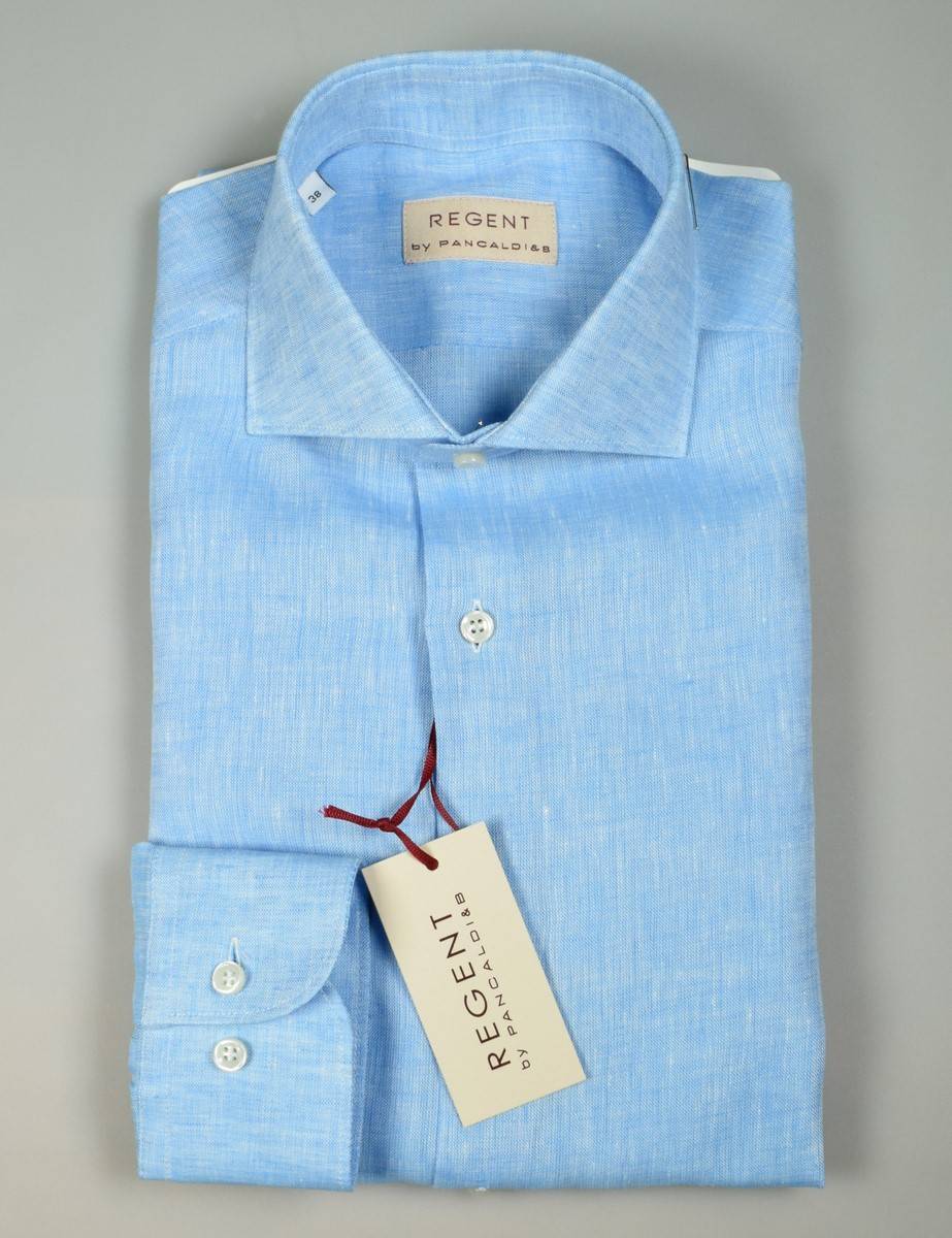 Regent by Pancaldi Camicia pancaldi verde acqua slim fit in puro lino collo alla francese Acquista Ora