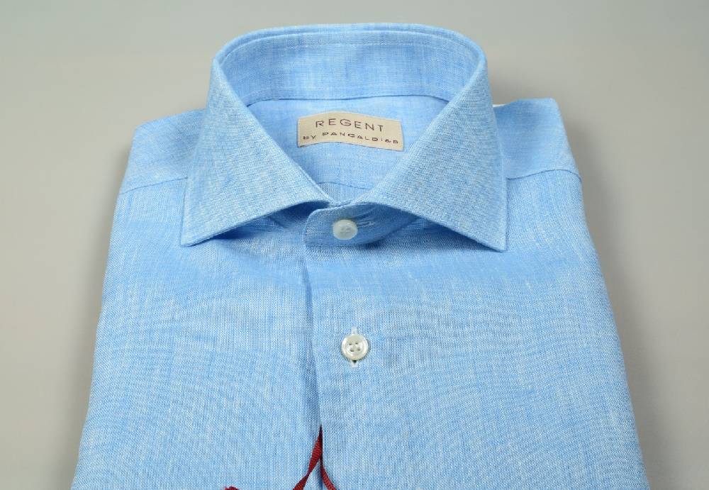 Regent by Pancaldi Camicia pancaldi verde acqua slim fit in puro lino collo alla francese Acquista Ora