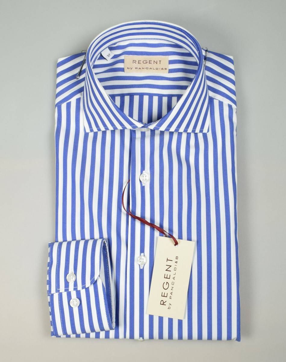 Regent by Pancaldi Camicia slim fit pancaldi a righe azzurro cotone stretch Fino Al -60%