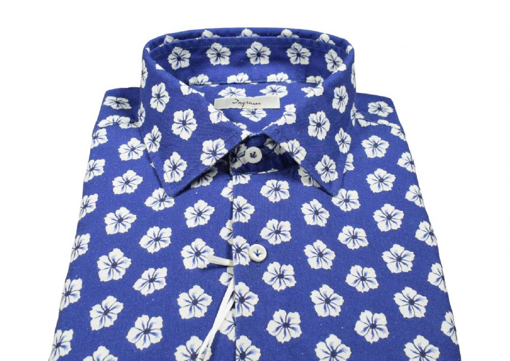 Ingram Camicia ingram azzurra fantasia floreale cotone e lino slim fit Offerta