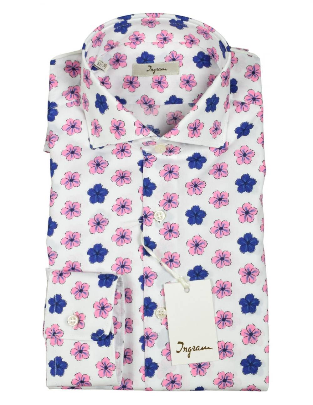 Ingram Camicia ingram fantasia floreale blu e rosa in puro cotone slim fit Economico