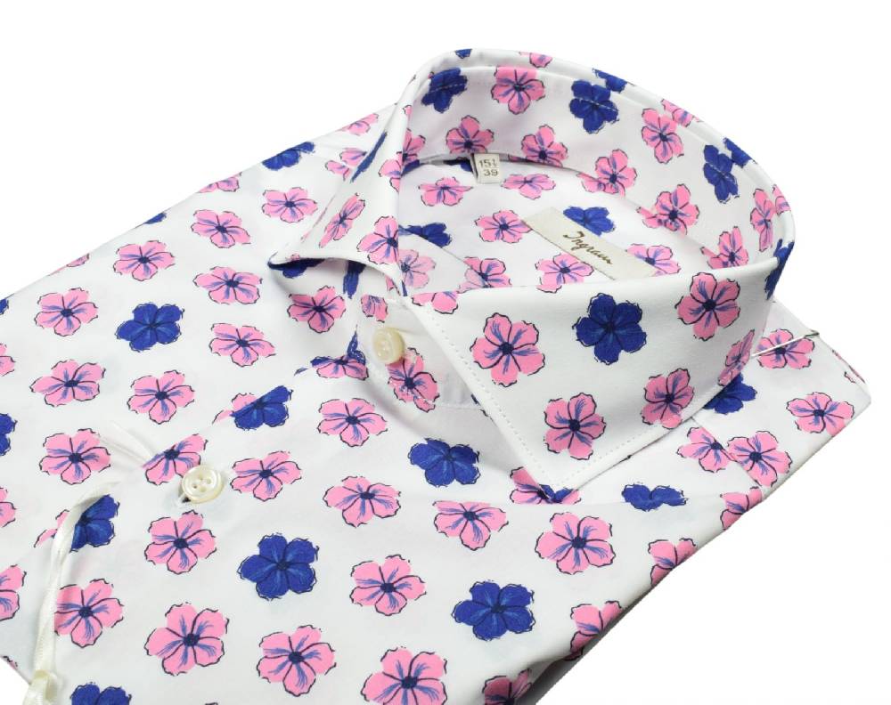 Ingram Camicia ingram fantasia floreale blu e rosa in puro cotone slim fit Economico