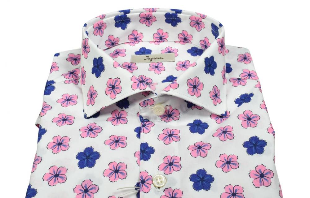 Ingram Camicia ingram fantasia floreale blu e rosa in puro cotone slim fit Economico