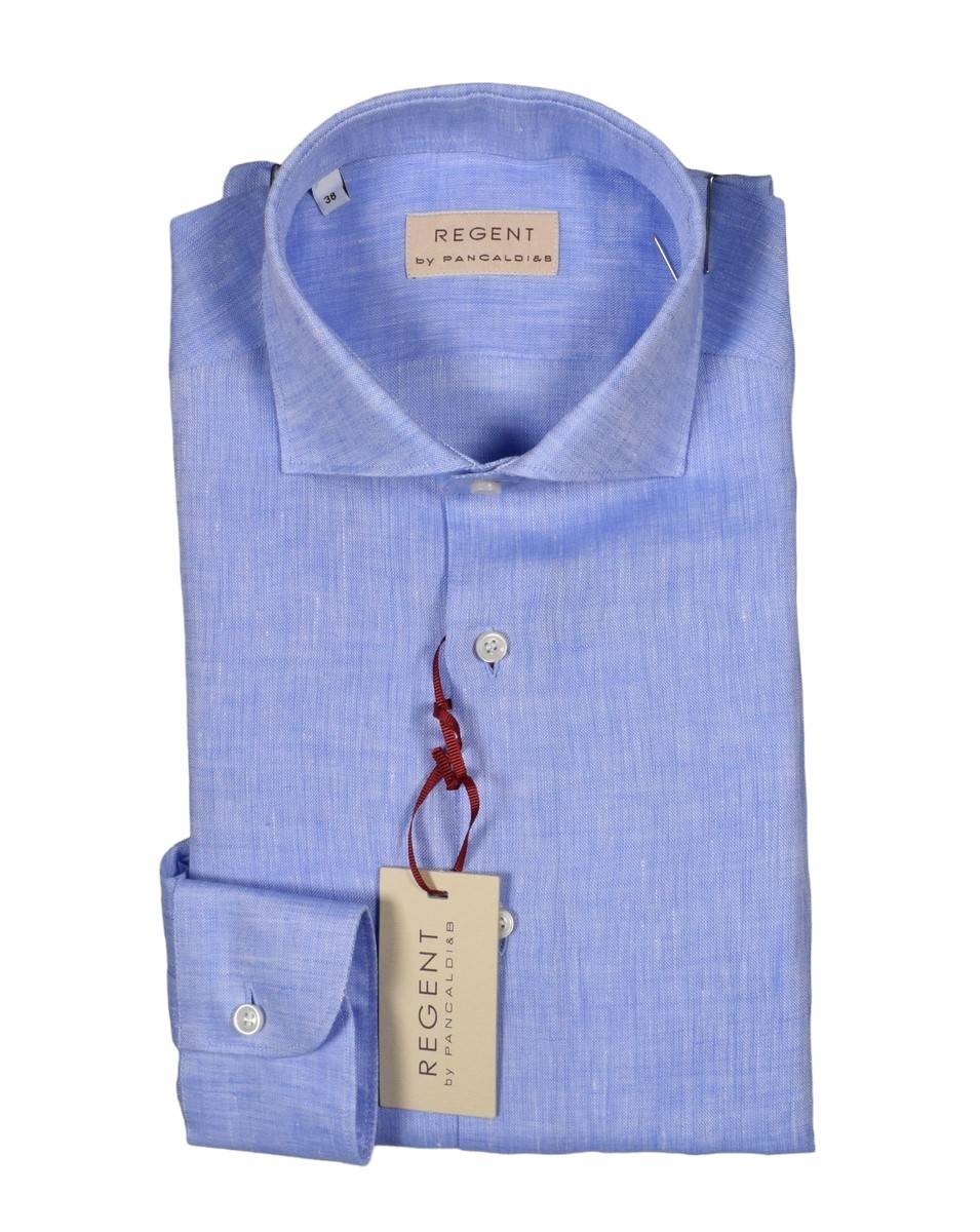 Regent by Pancaldi Camicia celeste pancaldi slim fit in puro lino collo alla francese In Vendita