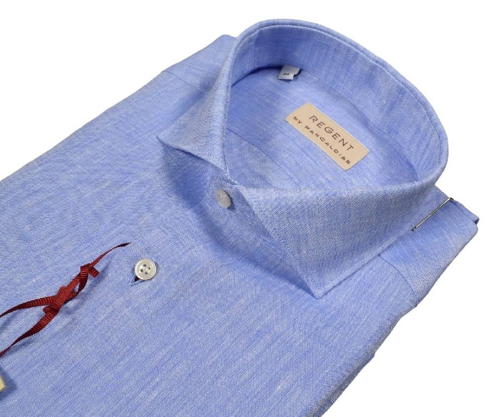 Regent by Pancaldi Camicia celeste pancaldi slim fit in puro lino collo alla francese In Vendita