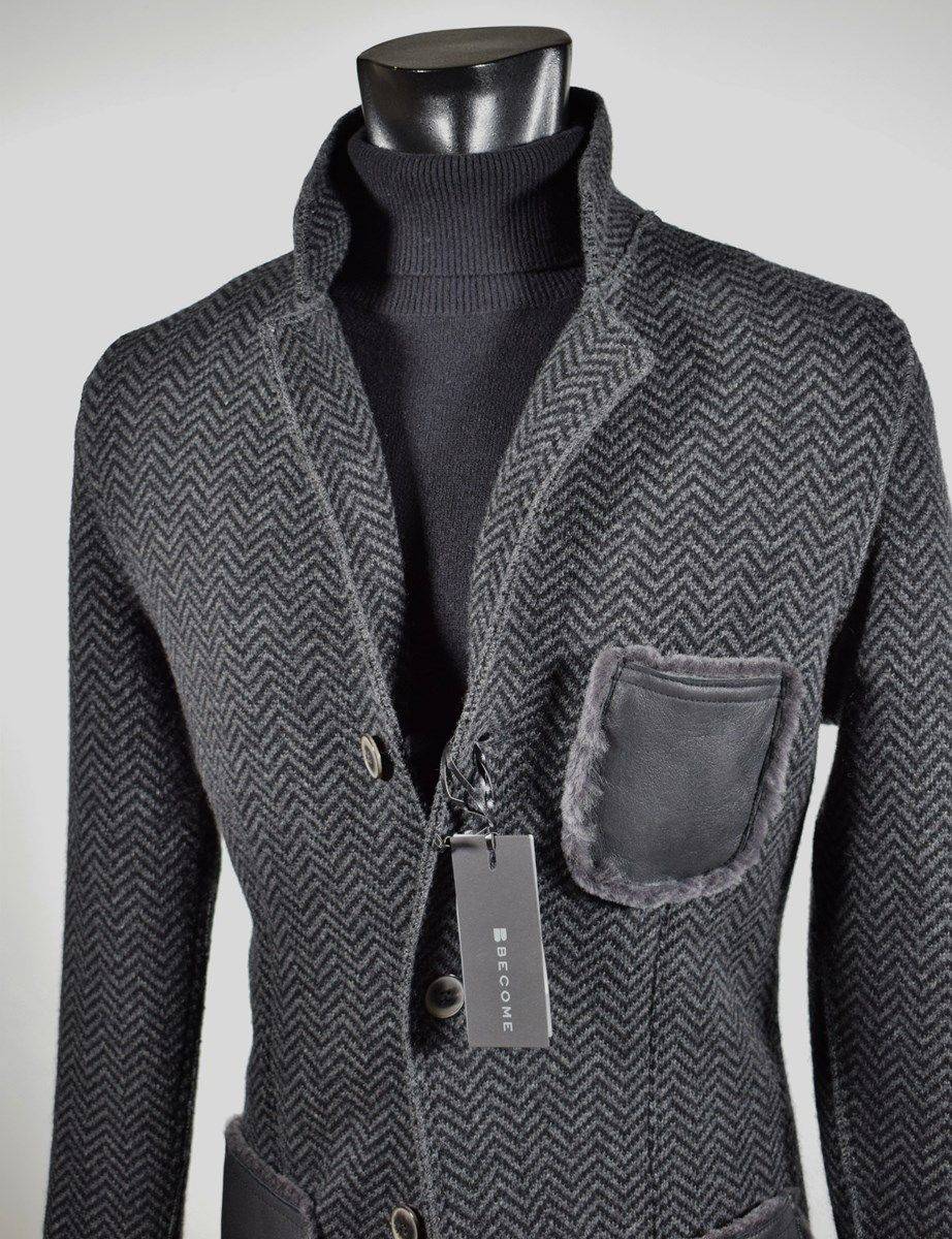 Become Giacca in pura lana in maglia become grigio scuro spigato Prezzo basso