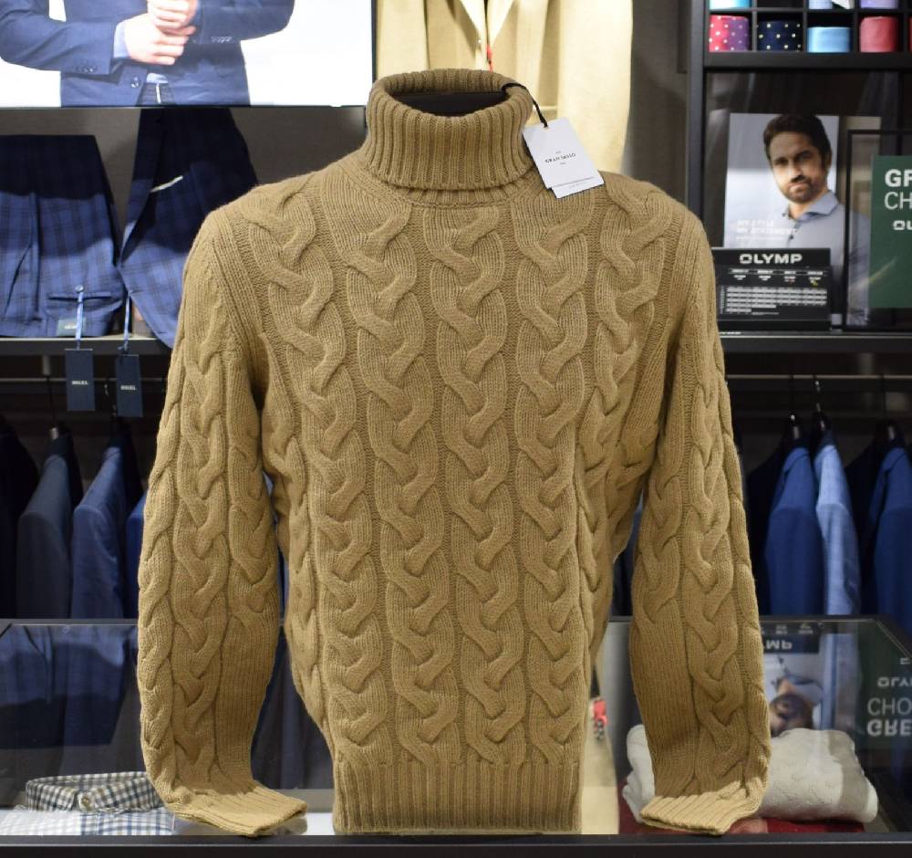 Gran Sasso Dolcevita a trecce cammello lana super geelong air wool Officina