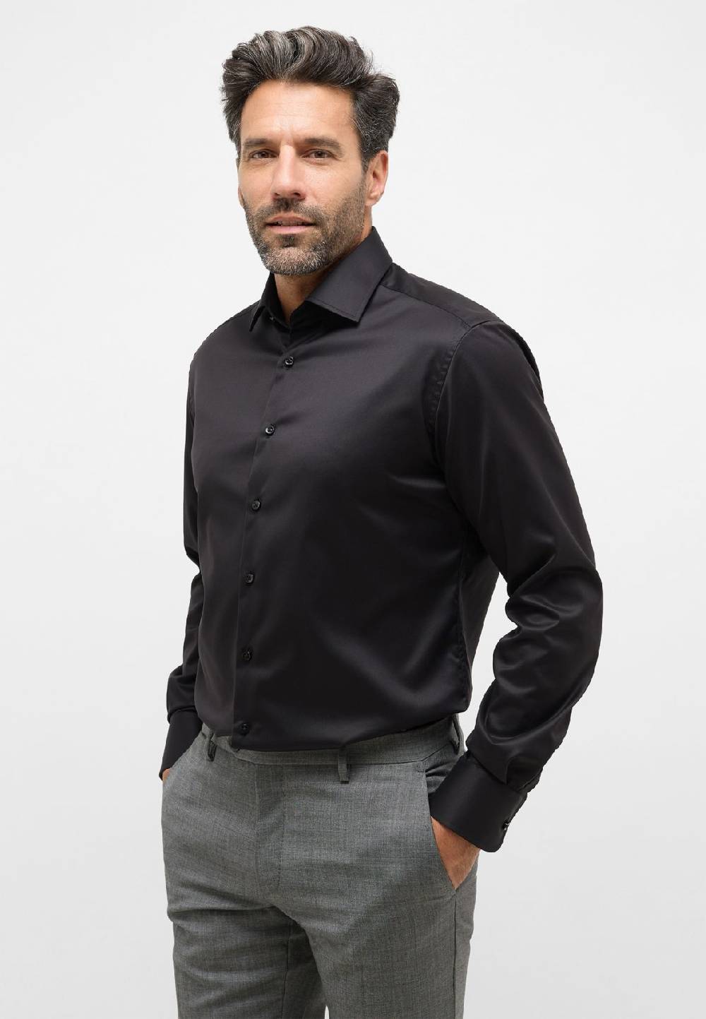 Eterna Camicia nera eterna modern fit in cotone twill no stiro Offerte speciali