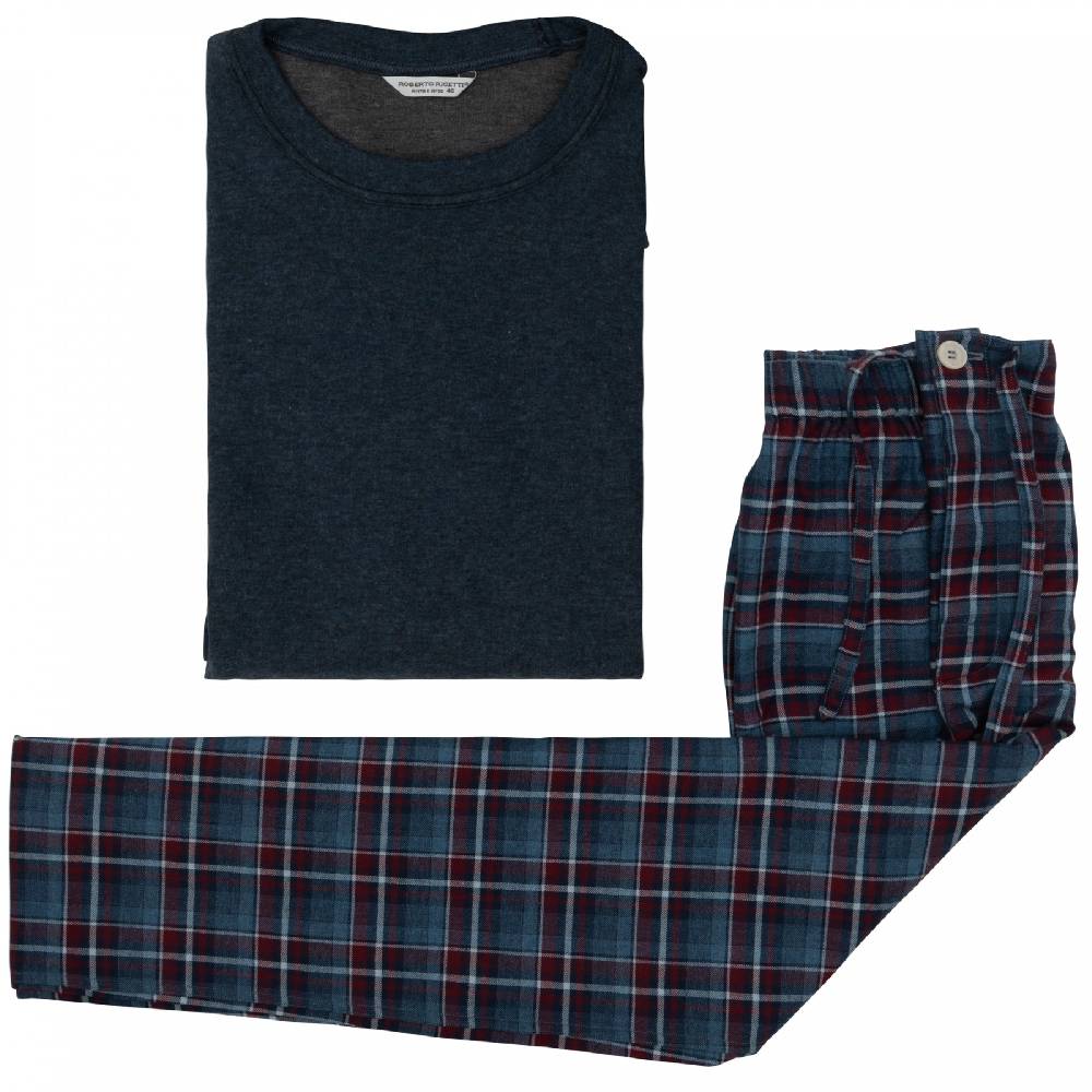 Roberto Ricetti FELPA GIROCOLLO BLU - PANTALONE SCOZZESE ROSSO/BLU Nuovo